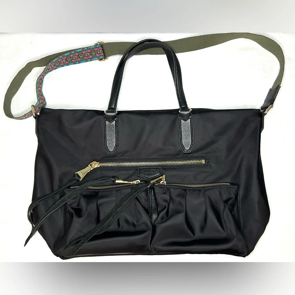 Aimee Kestenberg Nylon Leather Crossbody Tote Bag Satchel Purse XL Black‎ Boho